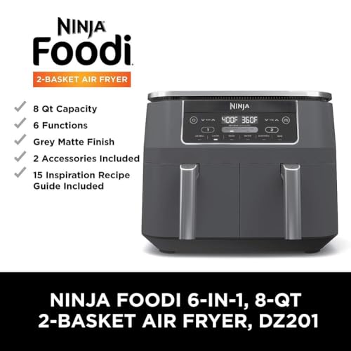 Ninja DZ550 Foodi 10 Quart 6-in-1 DualZone Smart XL Air Fryer with 2 Independent Baskets, Smart Cook Thermometer for Perfect Doneness, Match Cook & Smart Finish to Roast, Dehydrate & More, Grey
