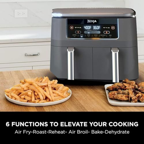 Ninja DZ550 Foodi 10 Quart 6-in-1 DualZone Smart XL Air Fryer with 2 Independent Baskets, Smart Cook Thermometer for Perfect Doneness, Match Cook & Smart Finish to Roast, Dehydrate & More, Grey