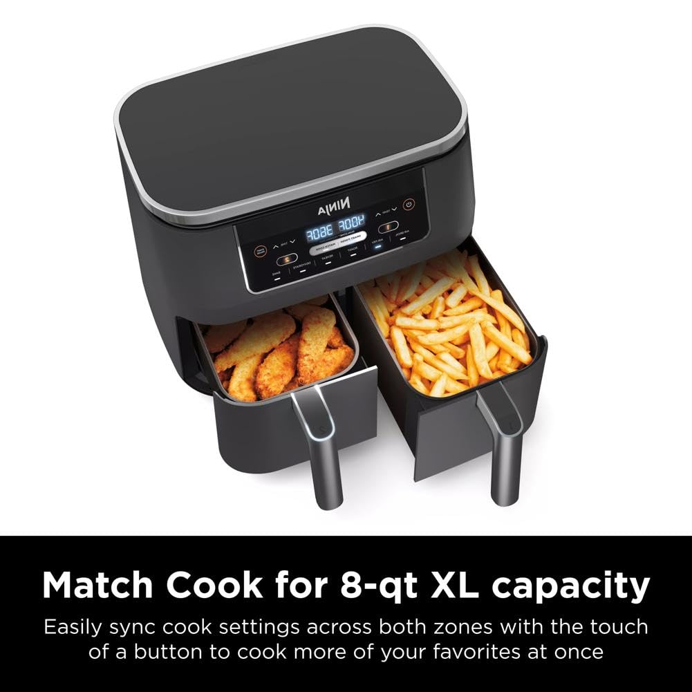 Ninja DZ550 Foodi 10 Quart 6-in-1 DualZone Smart XL Air Fryer with 2 Independent Baskets, Smart Cook Thermometer for Perfect Doneness, Match Cook & Smart Finish to Roast, Dehydrate & More, Grey