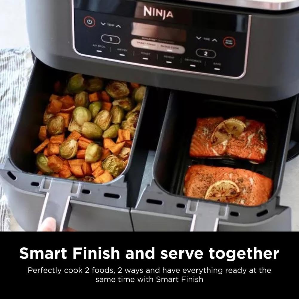 Ninja DZ550 Foodi 10 Quart 6-in-1 DualZone Smart XL Air Fryer with 2 Independent Baskets, Smart Cook Thermometer for Perfect Doneness, Match Cook & Smart Finish to Roast, Dehydrate & More, Grey