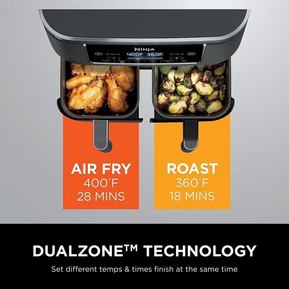 Ninja DZ550 Foodi 10 Quart 6-in-1 DualZone Smart XL Air Fryer with 2 Independent Baskets, Smart Cook Thermometer for Perfect Doneness, Match Cook & Smart Finish to Roast, Dehydrate & More, Grey