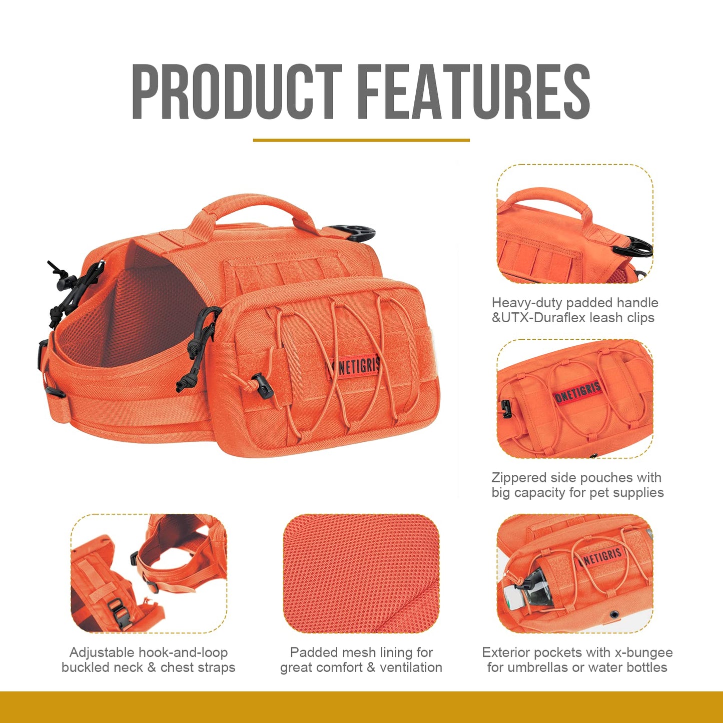 OneTigris Dog Harness with Sidepockets for Hiking Walking Training Running. Medium and Large Dogs, Multiple Colors