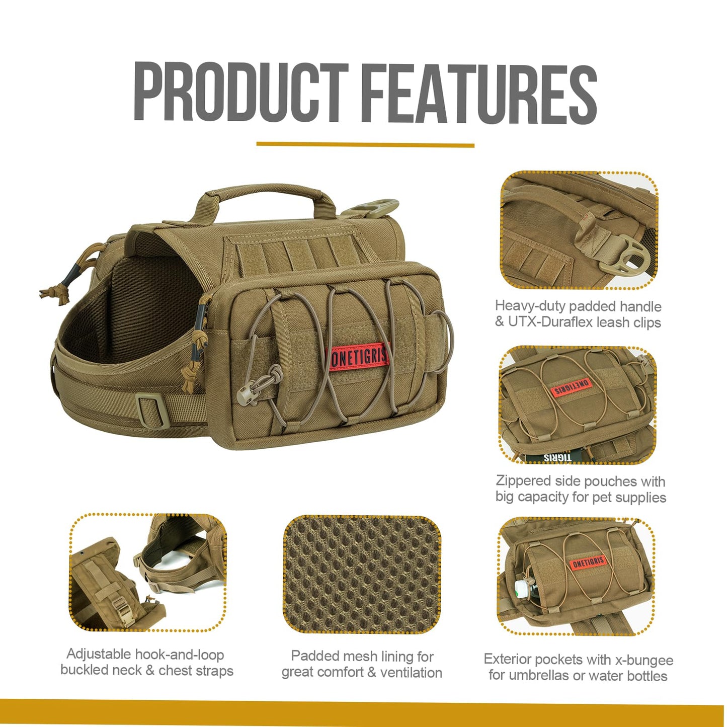 OneTigris Dog Harness with Sidepockets for Hiking Walking Training Running. Medium and Large Dogs, Multiple Colors