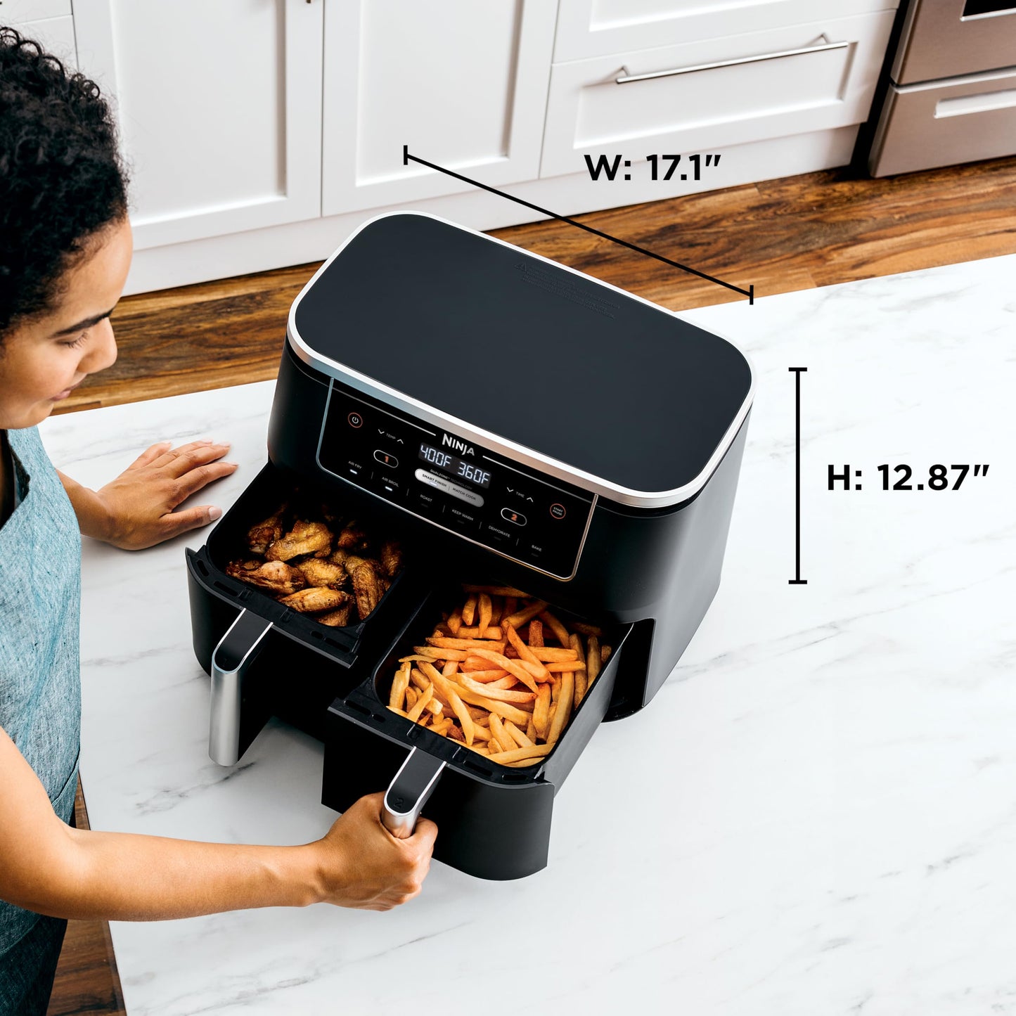 Ninja DZ550 Foodi 10 Quart 6-in-1 DualZone Smart XL Air Fryer with 2 Independent Baskets, Smart Cook Thermometer for Perfect Doneness, Match Cook & Smart Finish to Roast, Dehydrate & More, Grey