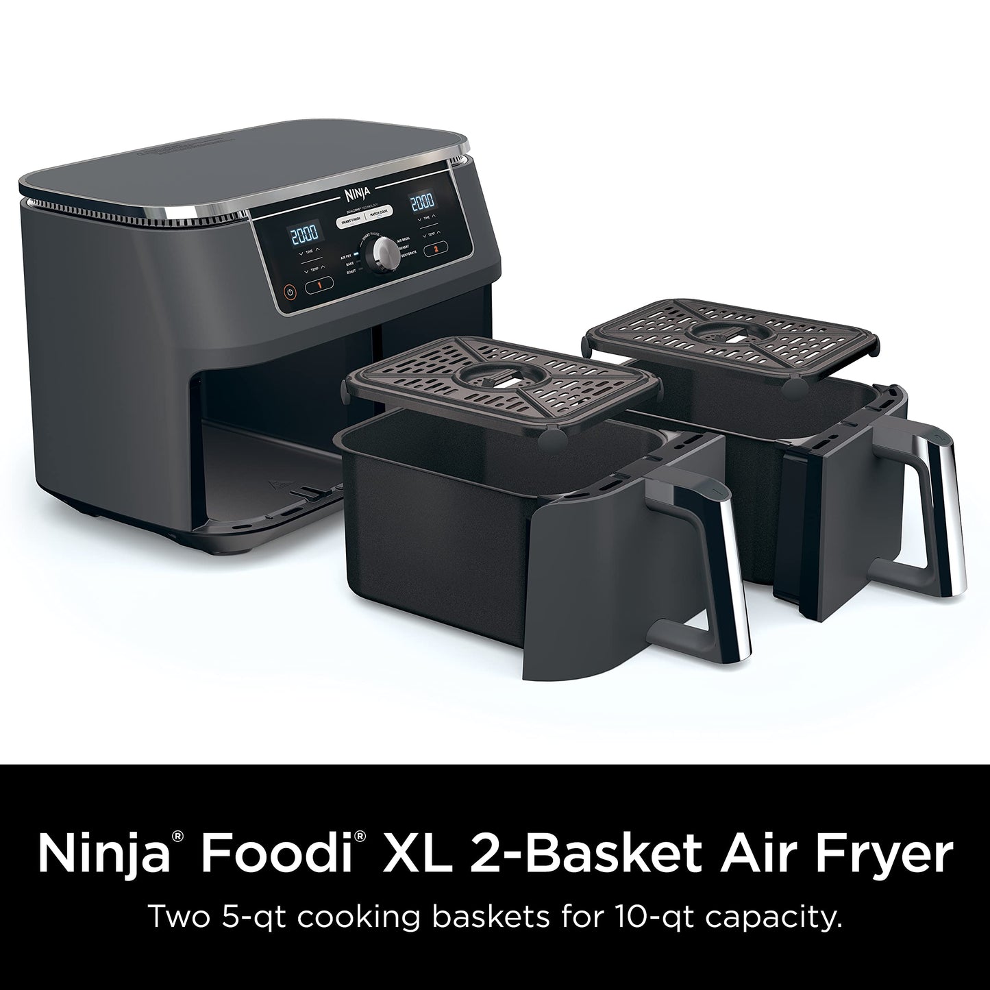Ninja DZ550 Foodi 10 Quart 6-in-1 DualZone Smart XL Air Fryer with 2 Independent Baskets, Smart Cook Thermometer for Perfect Doneness, Match Cook & Smart Finish to Roast, Dehydrate & More, Grey