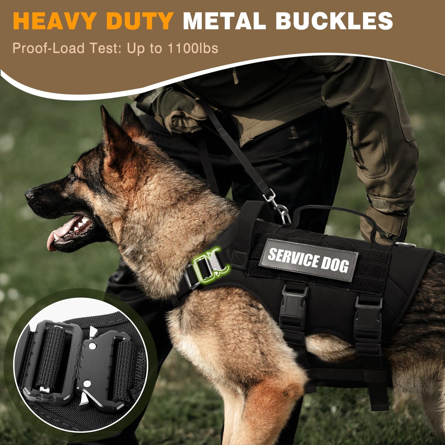 WINSEE Service Dog Vest Harness for Large Dog, Tactical Working MOLLE Vest with 10 Pet Patches, No Pull Heavy Duty Harness for Training Walking