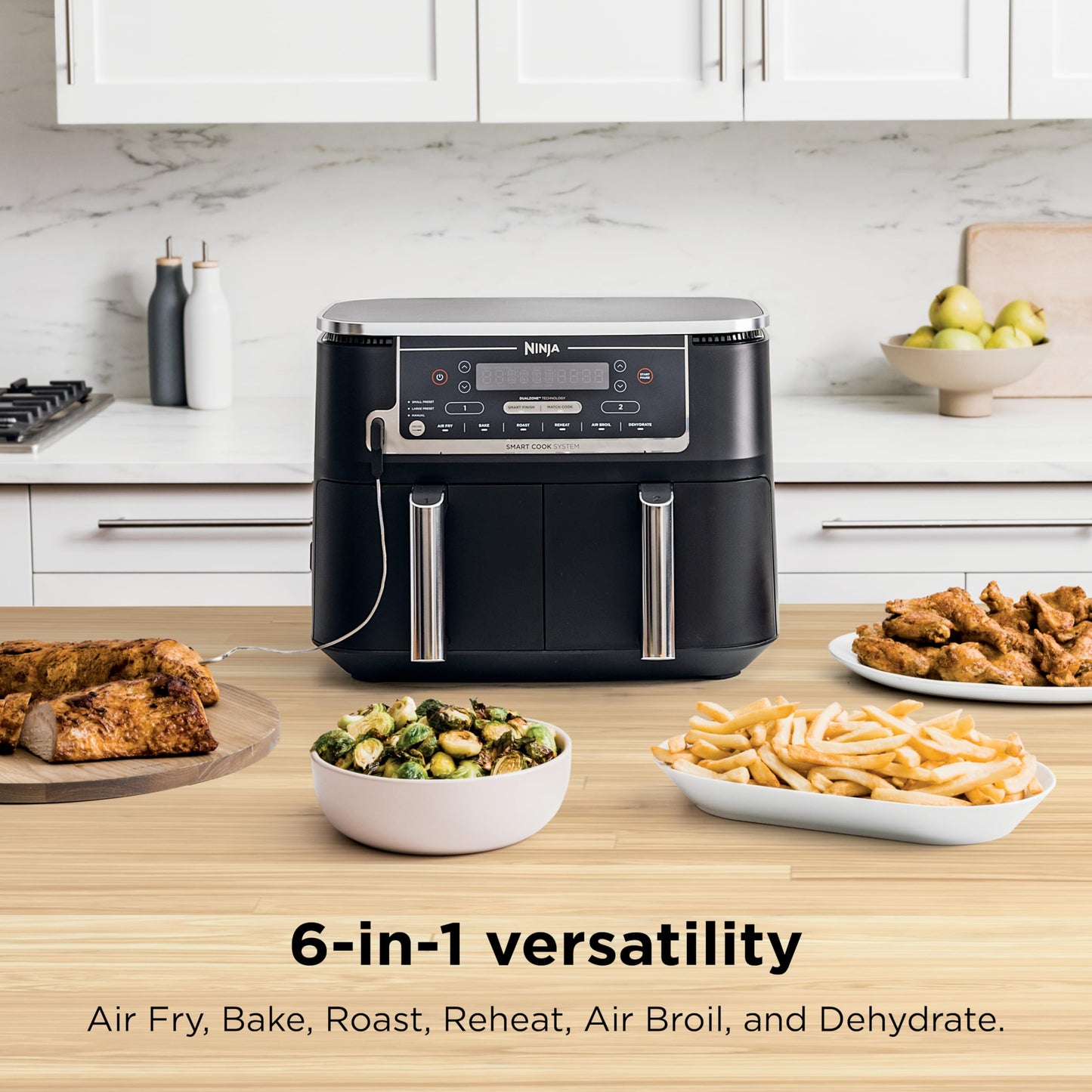 Ninja DZ550 Foodi 10 Quart 6-in-1 DualZone Smart XL Air Fryer with 2 Independent Baskets, Smart Cook Thermometer for Perfect Doneness, Match Cook & Smart Finish to Roast, Dehydrate & More, Grey