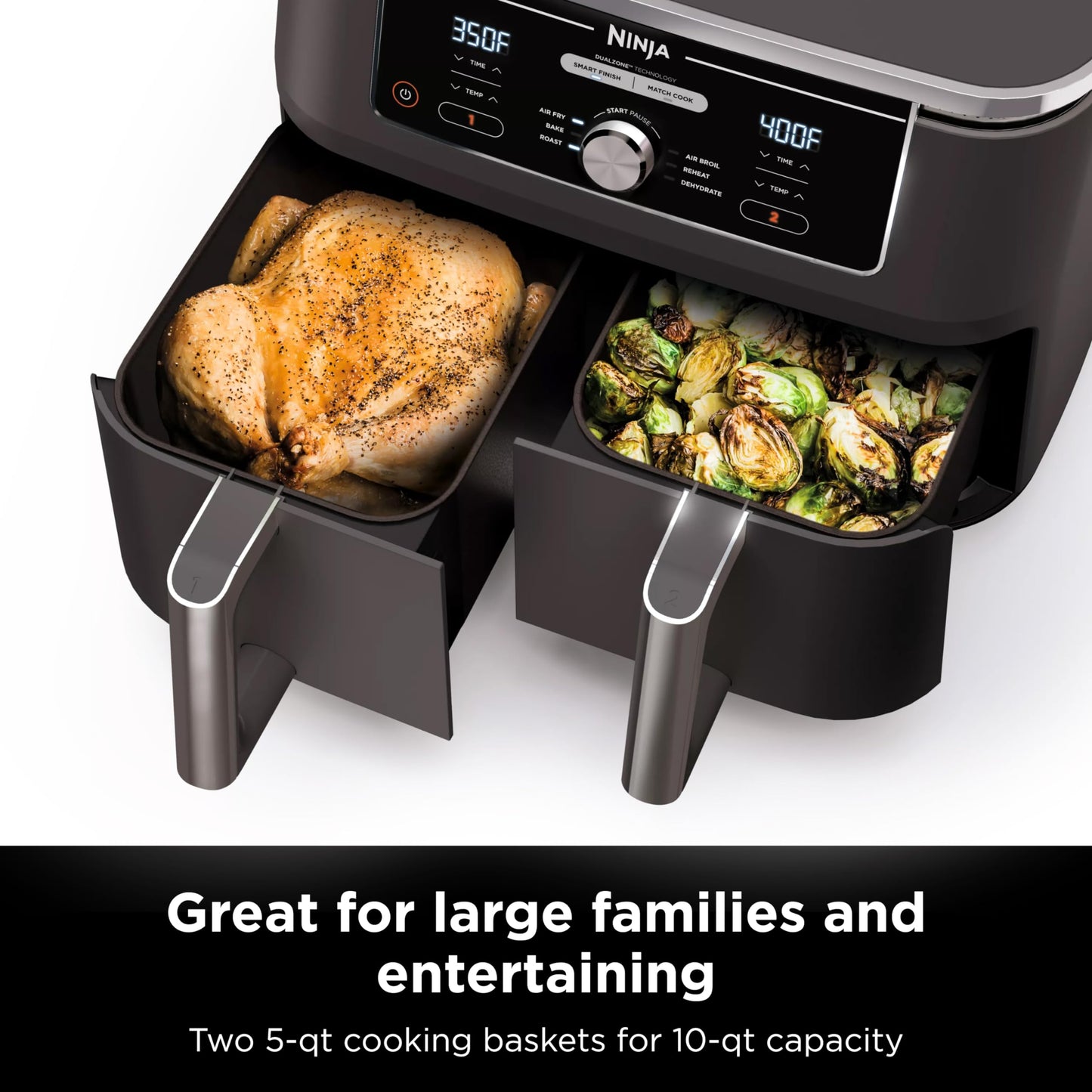 Ninja DZ550 Foodi 10 Quart 6-in-1 DualZone Smart XL Air Fryer with 2 Independent Baskets, Smart Cook Thermometer for Perfect Doneness, Match Cook & Smart Finish to Roast, Dehydrate & More, Grey
