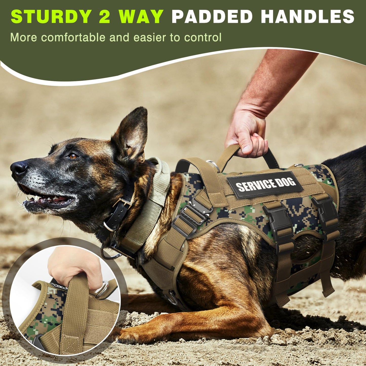 WINSEE Service Dog Vest Harness for Large Dog, Tactical Working MOLLE Vest with 10 Pet Patches, No Pull Heavy Duty Harness for Training Walking