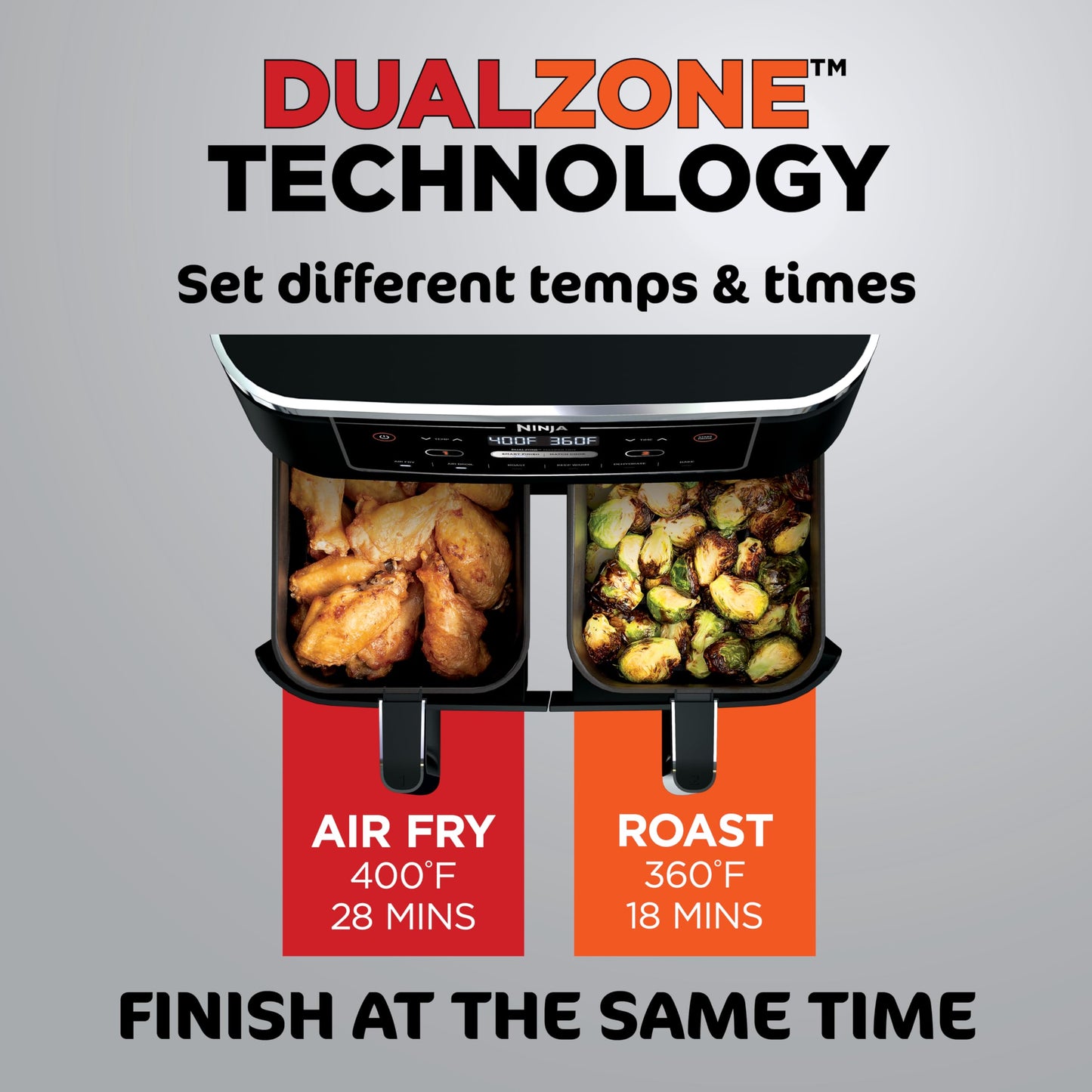 Ninja DZ550 Foodi 10 Quart 6-in-1 DualZone Smart XL Air Fryer with 2 Independent Baskets, Smart Cook Thermometer for Perfect Doneness, Match Cook & Smart Finish to Roast, Dehydrate & More, Grey