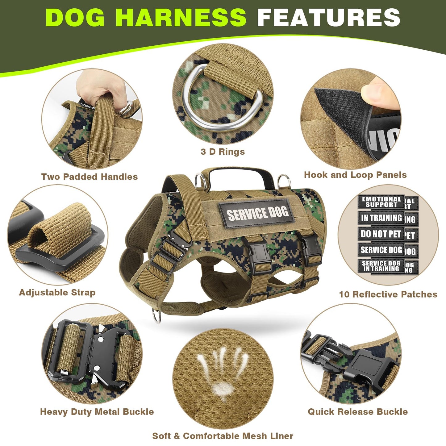 WINSEE Service Dog Vest Harness for Large Dog, Tactical Working MOLLE Vest with 10 Pet Patches, No Pull Heavy Duty Harness for Training Walking