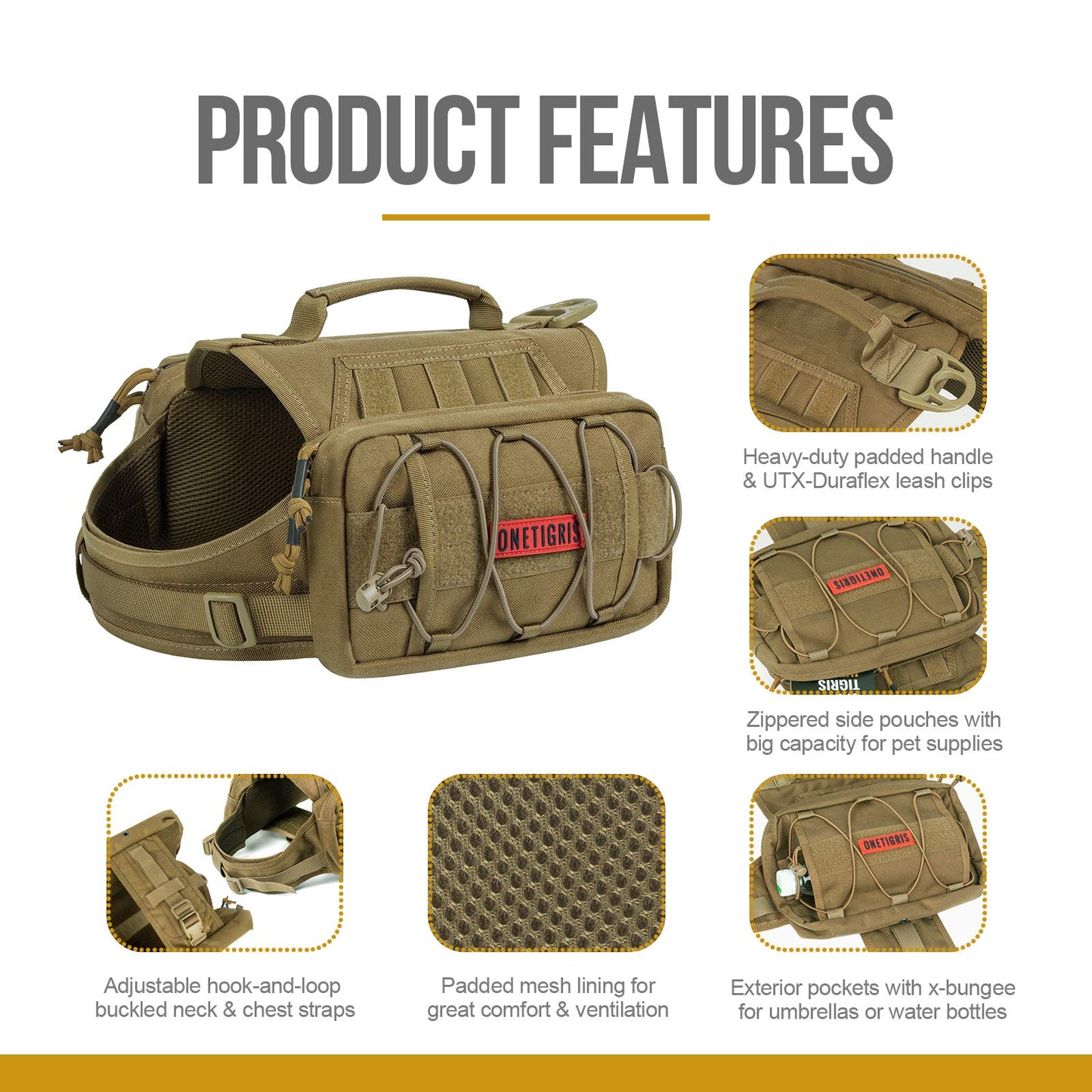 OneTigris Dog Harness with Sidepockets for Hiking Walking Training Running. Medium and Large Dogs, Multiple Colors