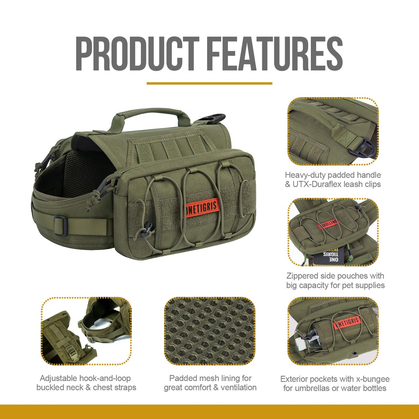 OneTigris Dog Harness with Sidepockets for Hiking Walking Training Running. Medium and Large Dogs, Multiple Colors