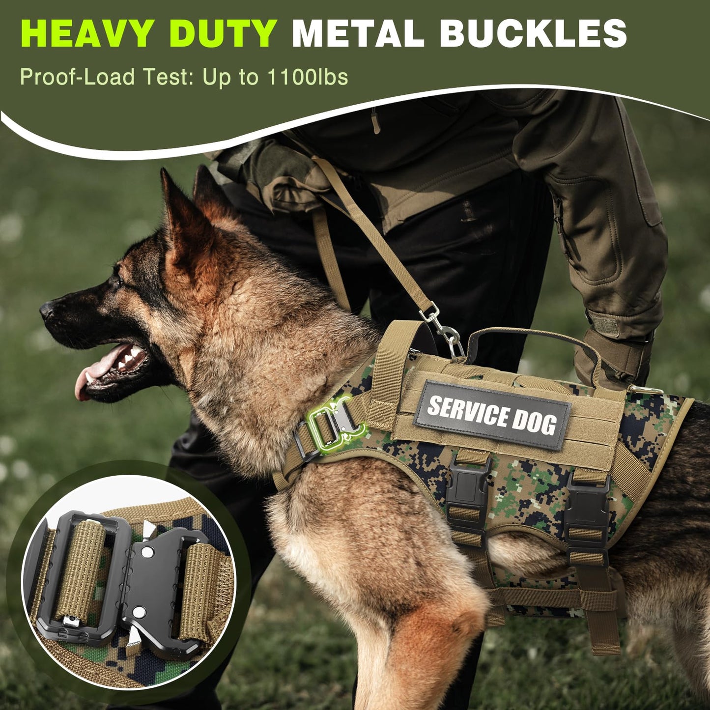 WINSEE Service Dog Vest Harness for Large Dog, Tactical Working MOLLE Vest with 10 Pet Patches, No Pull Heavy Duty Harness for Training Walking