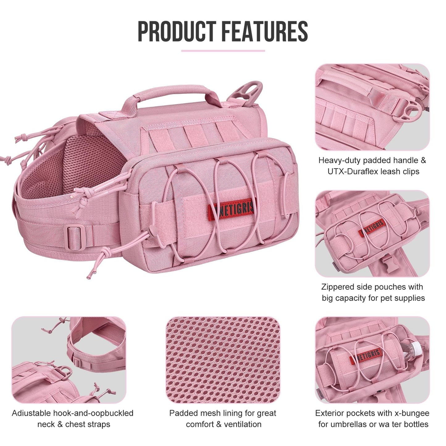 OneTigris Dog Harness with Sidepockets for Hiking Walking Training Running. Medium and Large Dogs, Multiple Colors