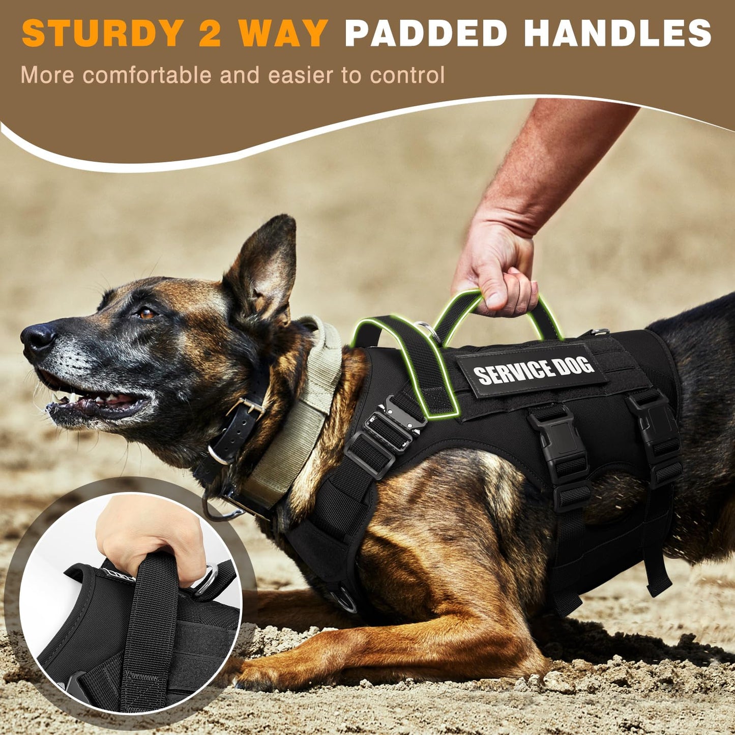 WINSEE Service Dog Vest Harness for Large Dog, Tactical Working MOLLE Vest with 10 Pet Patches, No Pull Heavy Duty Harness for Training Walking