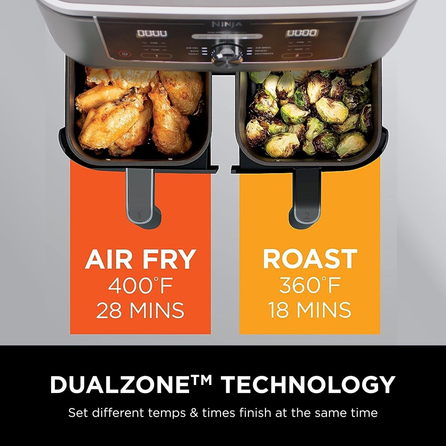 Ninja DZ550 Foodi 10 Quart 6-in-1 DualZone Smart XL Air Fryer with 2 Independent Baskets, Smart Cook Thermometer for Perfect Doneness, Match Cook & Smart Finish to Roast, Dehydrate & More, Grey