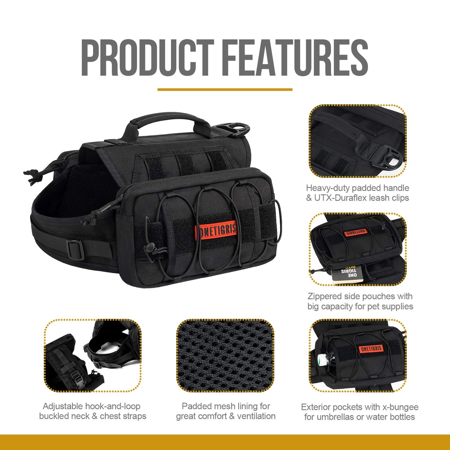 OneTigris Dog Harness with Sidepockets for Hiking Walking Training Running. Medium and Large Dogs, Multiple Colors