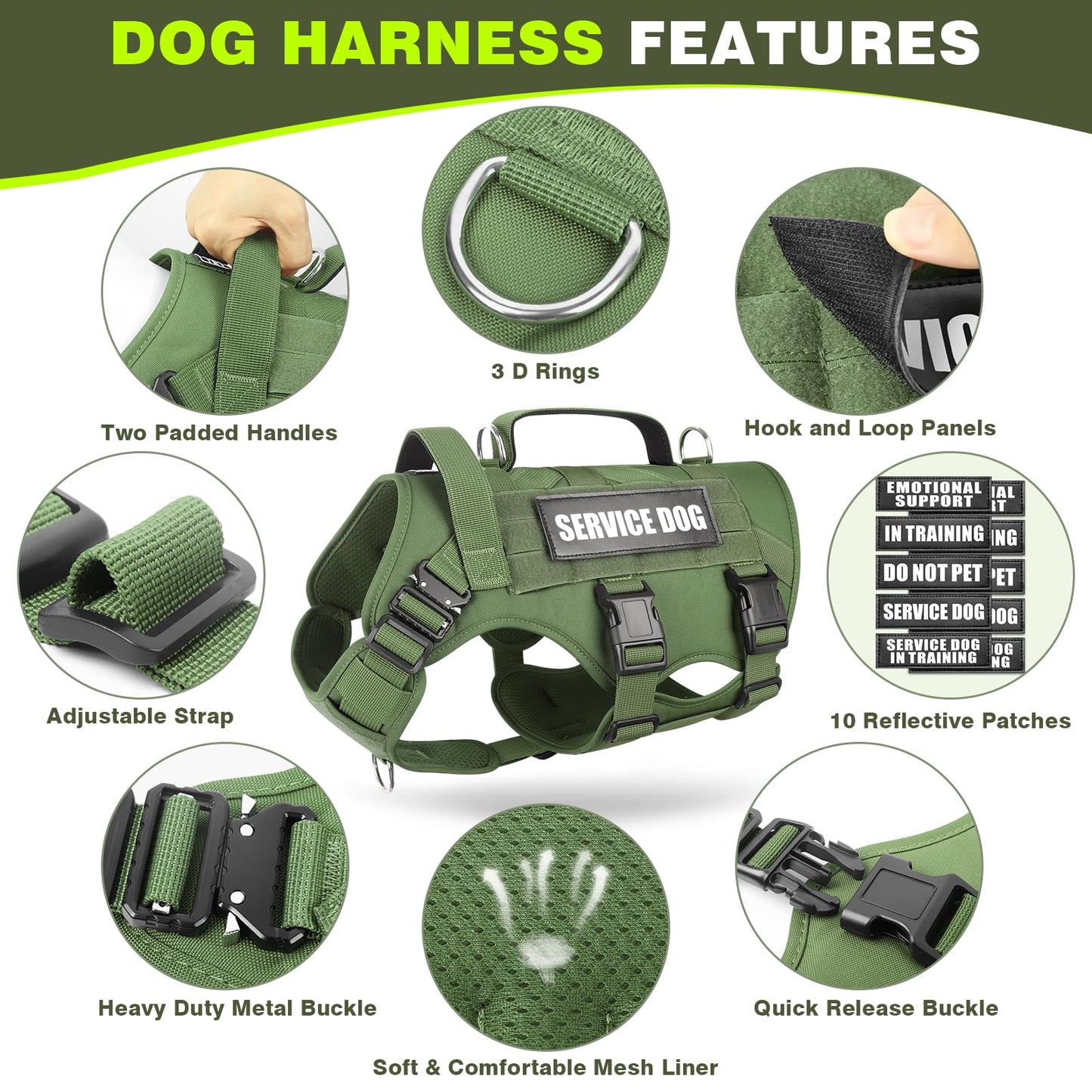 WINSEE Service Dog Vest Harness for Large Dog, Tactical Working MOLLE Vest with 10 Pet Patches, No Pull Heavy Duty Harness for Training Walking
