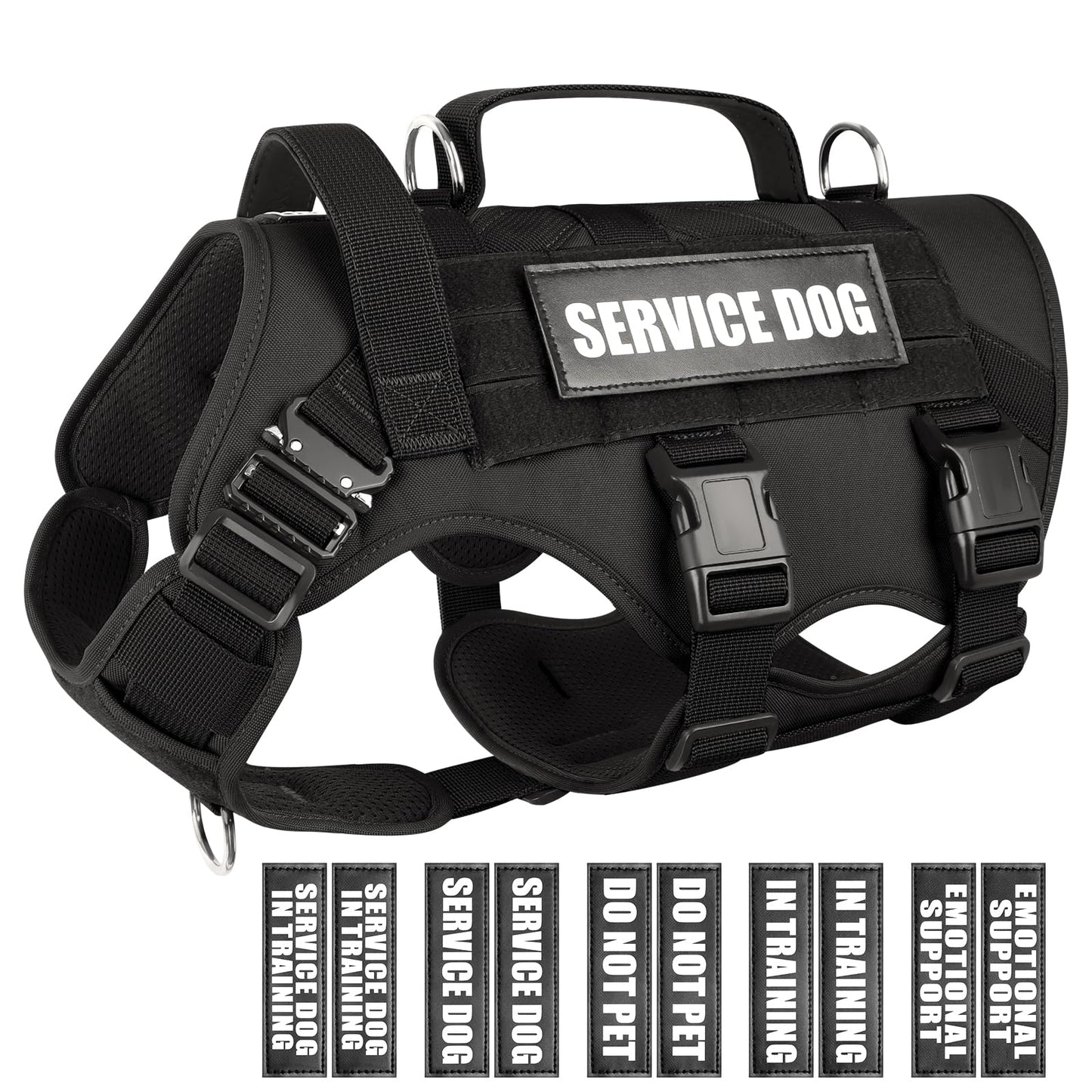 WINSEE Service Dog Vest Harness for Large Dog, Tactical Working MOLLE Vest with 10 Pet Patches, No Pull Heavy Duty Harness for Training Walking