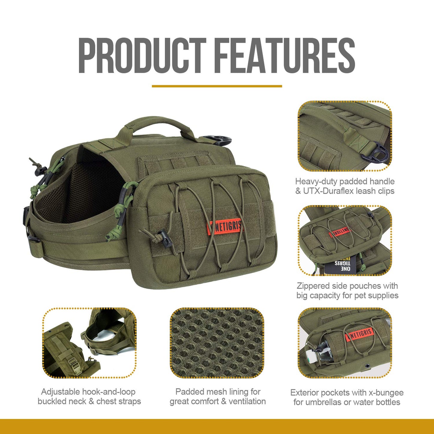 OneTigris Dog Harness with Sidepockets for Hiking Walking Training Running. Medium and Large Dogs, Multiple Colors