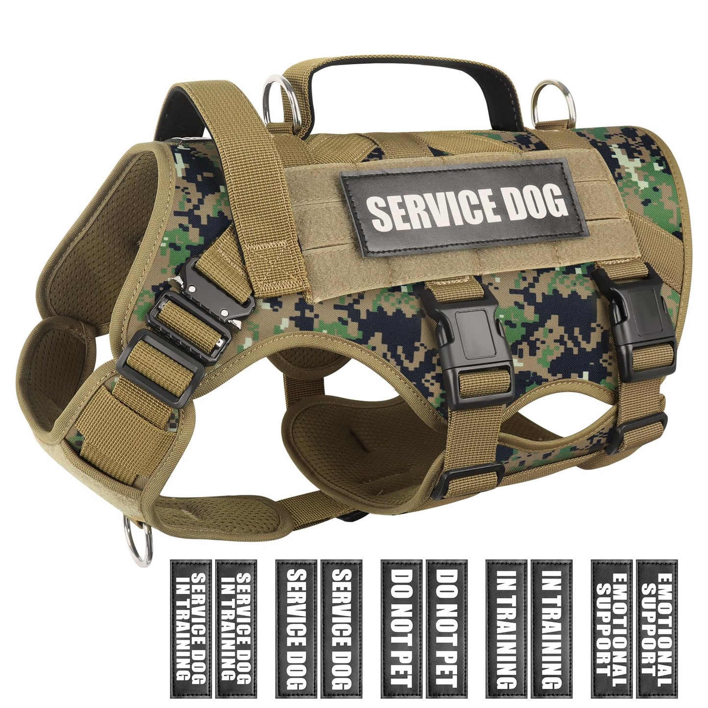 WINSEE Service Dog Vest Harness for Large Dog, Tactical Working MOLLE Vest with 10 Pet Patches, No Pull Heavy Duty Harness for Training Walking
