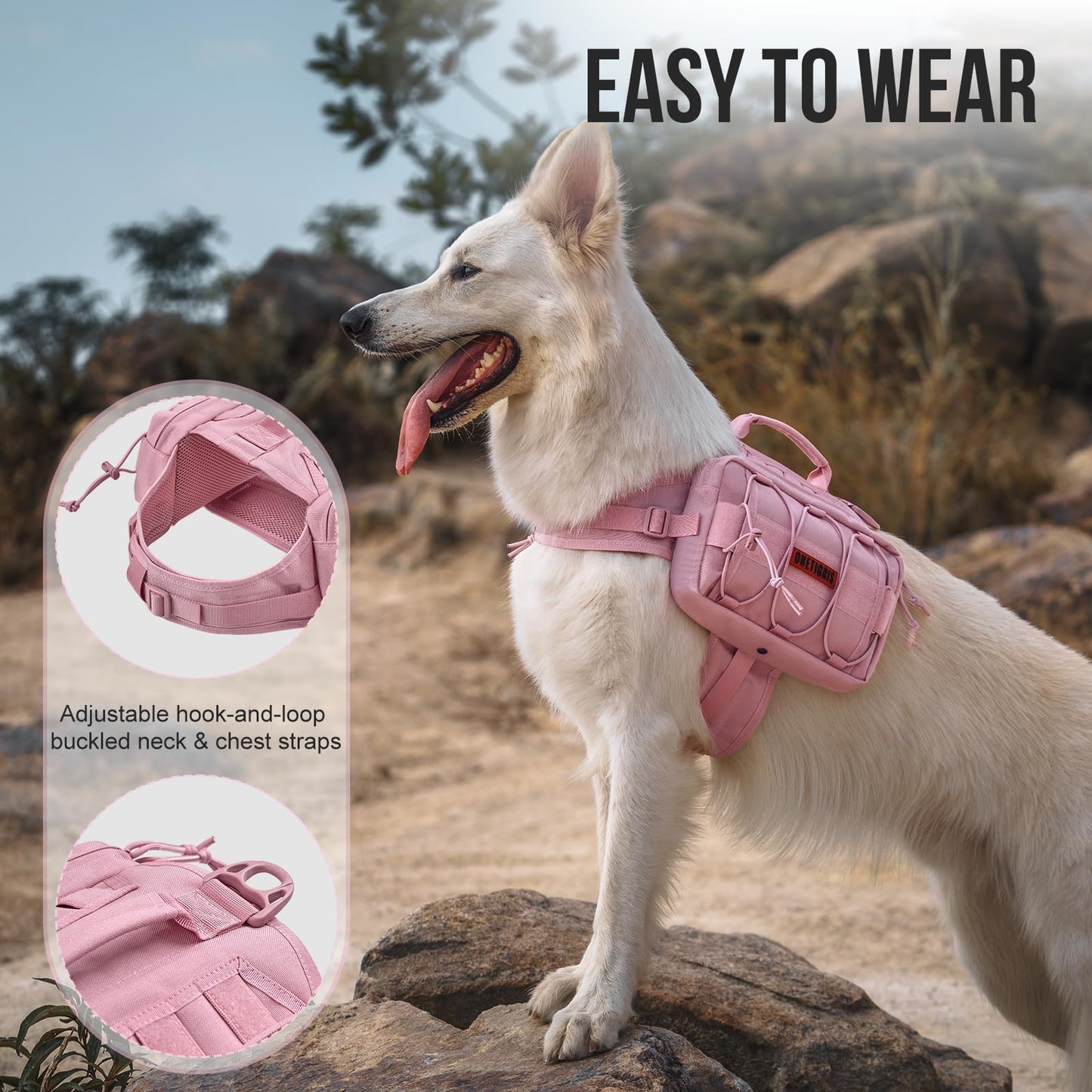 OneTigris Dog Harness with Sidepockets for Hiking Walking Training Running. Medium and Large Dogs, Multiple Colors