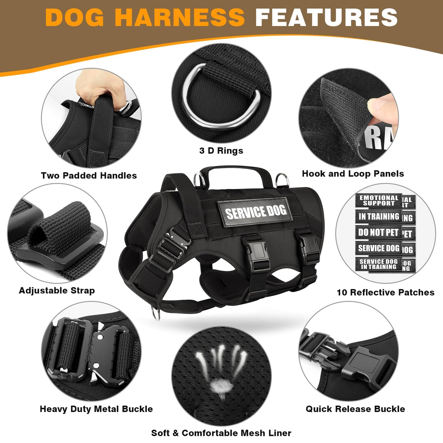 WINSEE Service Dog Vest Harness for Large Dog, Tactical Working MOLLE Vest with 10 Pet Patches, No Pull Heavy Duty Harness for Training Walking