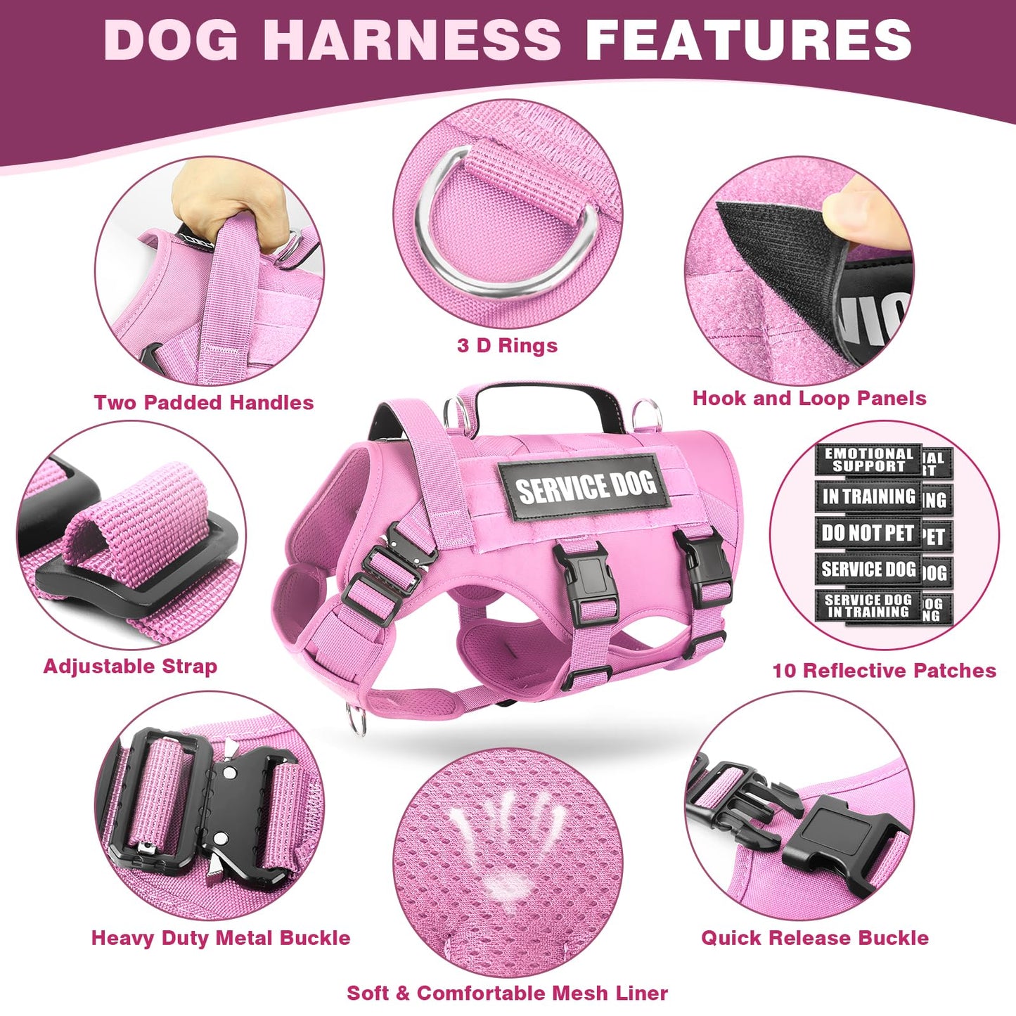 WINSEE Service Dog Vest Harness for Large Dog, Tactical Working MOLLE Vest with 10 Pet Patches, No Pull Heavy Duty Harness for Training Walking