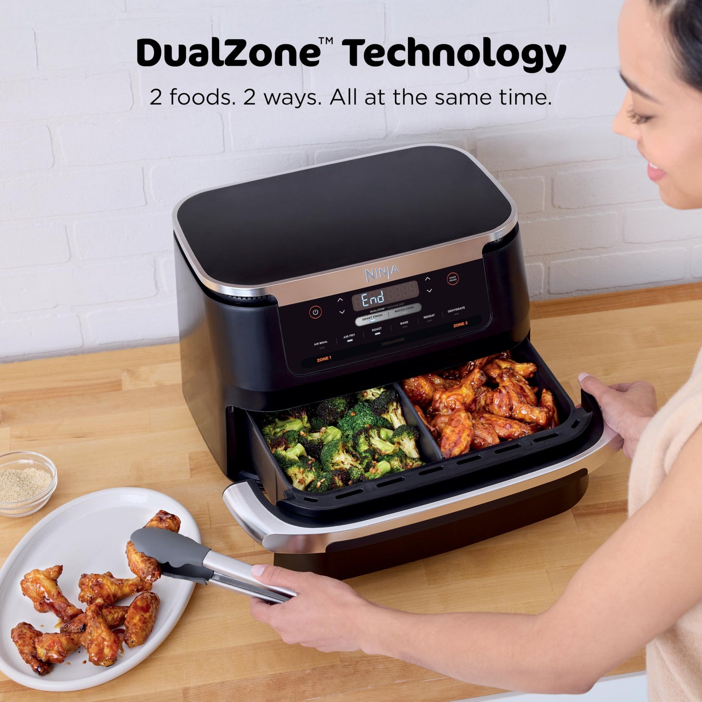 Ninja DZ550 Foodi 10 Quart 6-in-1 DualZone Smart XL Air Fryer with 2 Independent Baskets, Smart Cook Thermometer for Perfect Doneness, Match Cook & Smart Finish to Roast, Dehydrate & More, Grey
