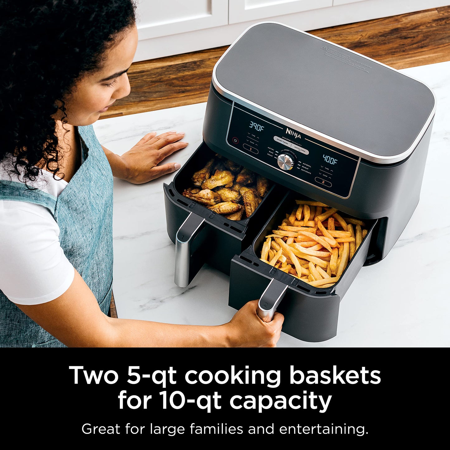 Ninja DZ550 Foodi 10 Quart 6-in-1 DualZone Smart XL Air Fryer with 2 Independent Baskets, Smart Cook Thermometer for Perfect Doneness, Match Cook & Smart Finish to Roast, Dehydrate & More, Grey