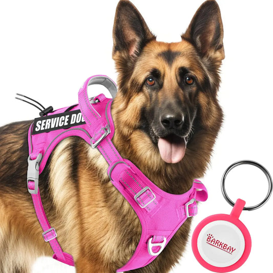 BARKBAY Service Dog Vest Tactical Dog Harness Medium Large Sized Dog+Dog Tags Personalized No Pull Adjustable Dog Harness Reflective K9 Working Training Easy Control Military Molle System(PinkL)